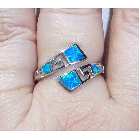 925 STERLING SILVER Lab Created Blue Fire Opal Bypass Ring - Picture 3 of 15